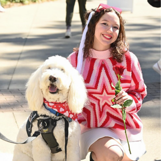 Student in pink and red sweater kneels next to a dog while smiling and holding a rose