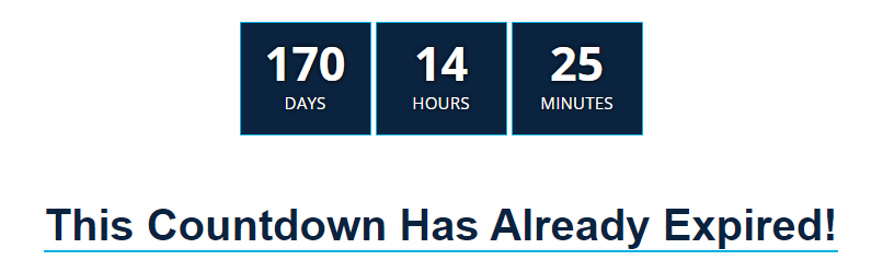 Countdown timer example with 170 Days 14 Hours and 25 Minutes remaining with a second message of This Countdown Has Already Expired!