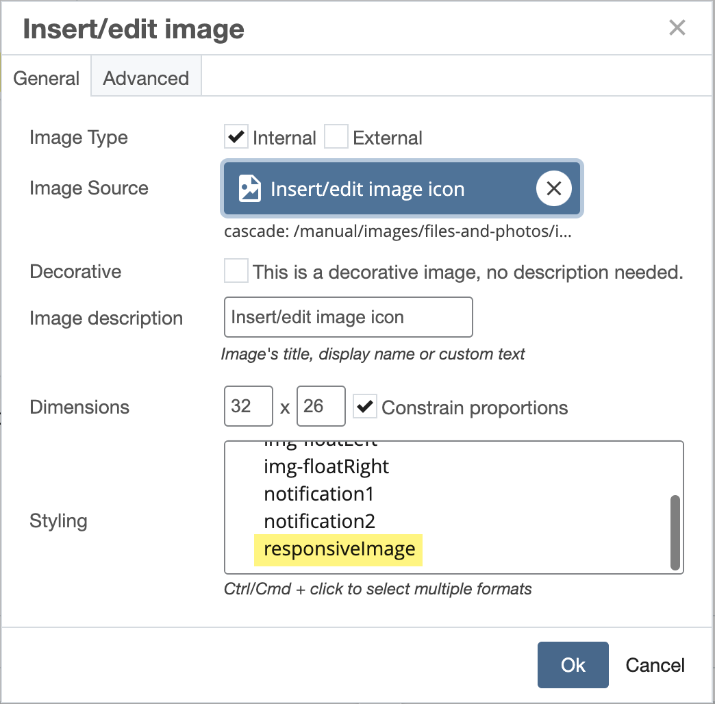 insert edit image box with responsiveimage highlighted