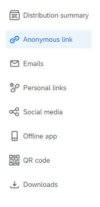 Qualtrics distributions menu with the option for Anonymous link highlighted