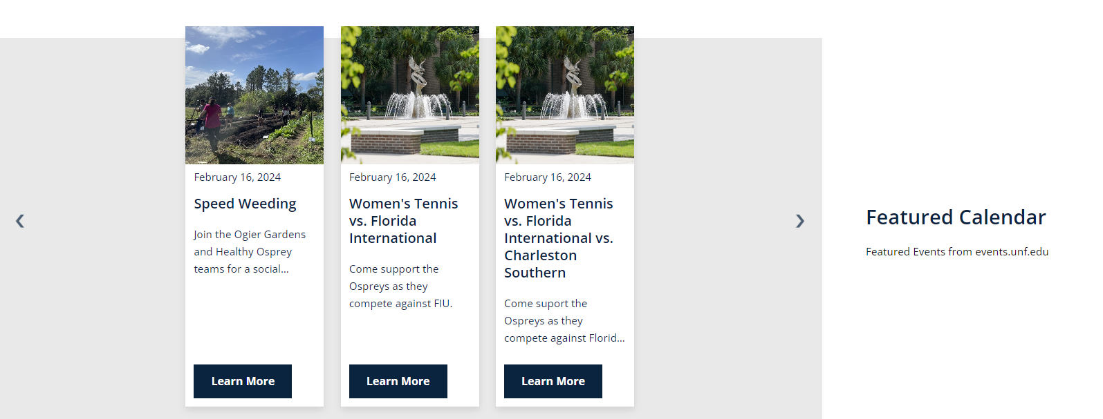 Featured Calendar slider showing three events speed weeding and two women's tennis matches