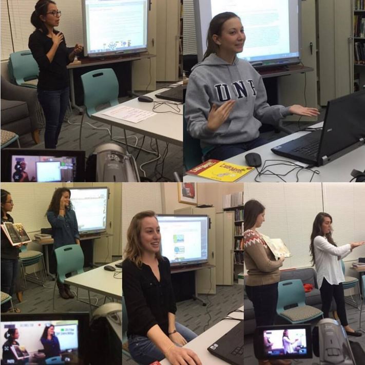 Collage of five photos with students using sign language in a classroom setting