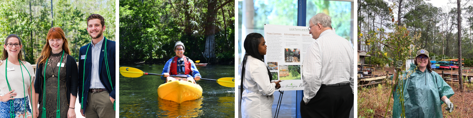 students standing outside, a student kayaking, a student discussing poster with attendee, and student holding large weed