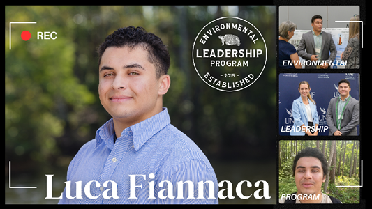 Photo collage including large headshot of student with environmental leadership program logo on top right. Three smaller photos are stacked on the right hand side of the headshot featuring the same student.