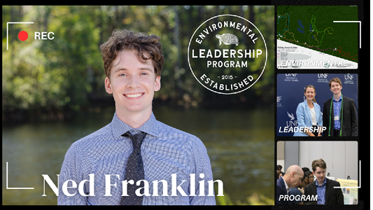 Photo collage including large headshot of student with environmental leadership program logo on top right. Three smaller photos are stacked on the right hand side of the headshot featuring the same student.