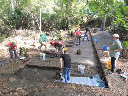 Students working at an archeological dig site.