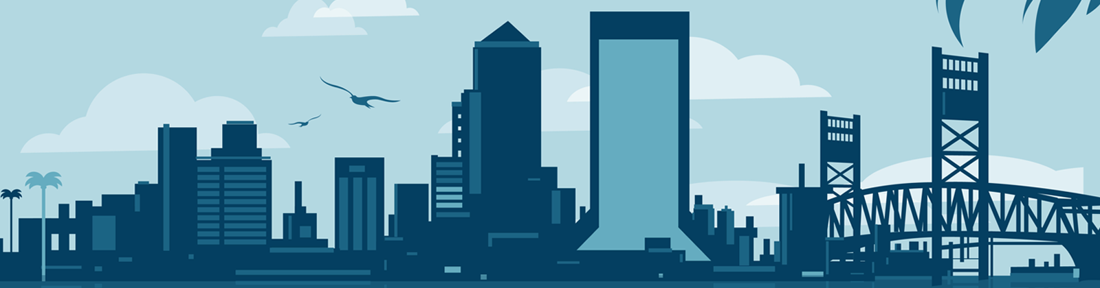 Panoramic image of downtown Jacksonville in a blue Cubist motif.