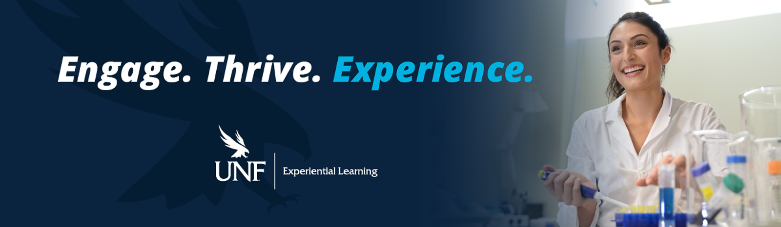 Engage Thrive Experience with UNF logo and a student working in a lab