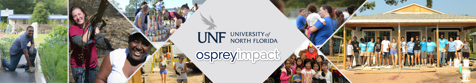 students participating in different volunteer opportunities UNF logo and OspreyImpact is in the center