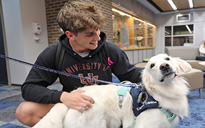 A male student in the library petting a white golden retriever
