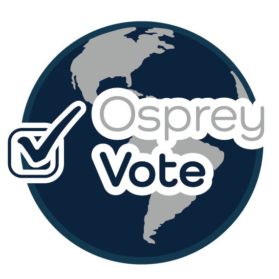 Osprey Vote Logo. Blue and gray earth in the background with the phrase Osprey Vote in gray and blue written on top.
