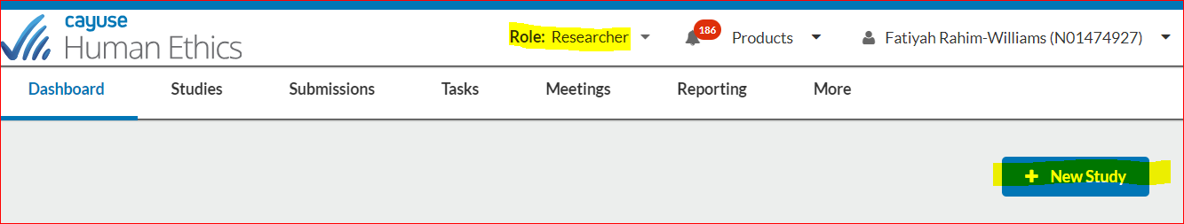 screenshot highlighting Role researcher and new study