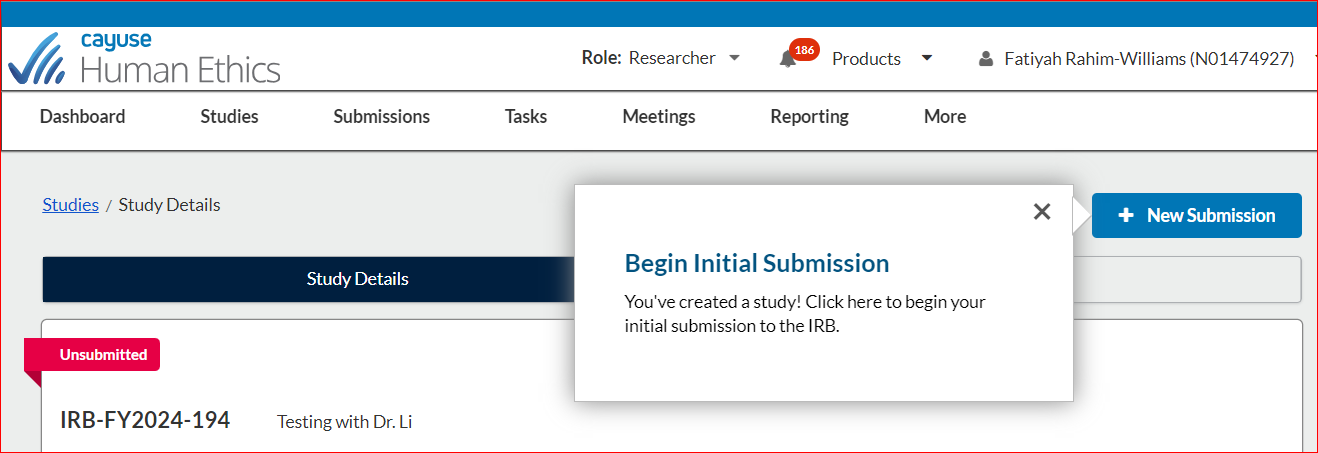 pop up box saying begin initial submission you've created a study Click here to begin your initial submission to the IRB