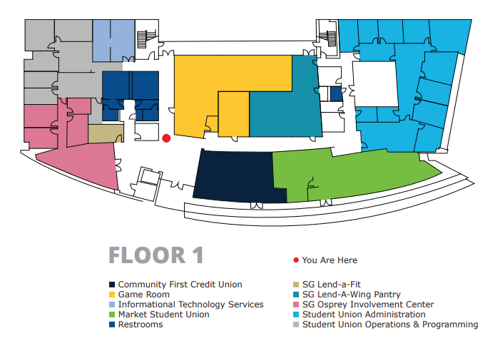 Floorplan of the first floor of the east building of the Student Union. 