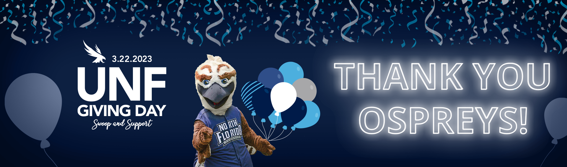 Osprey mascot holding balloons 3.22.2023 unf giving day swoop and support thank you ospreys
